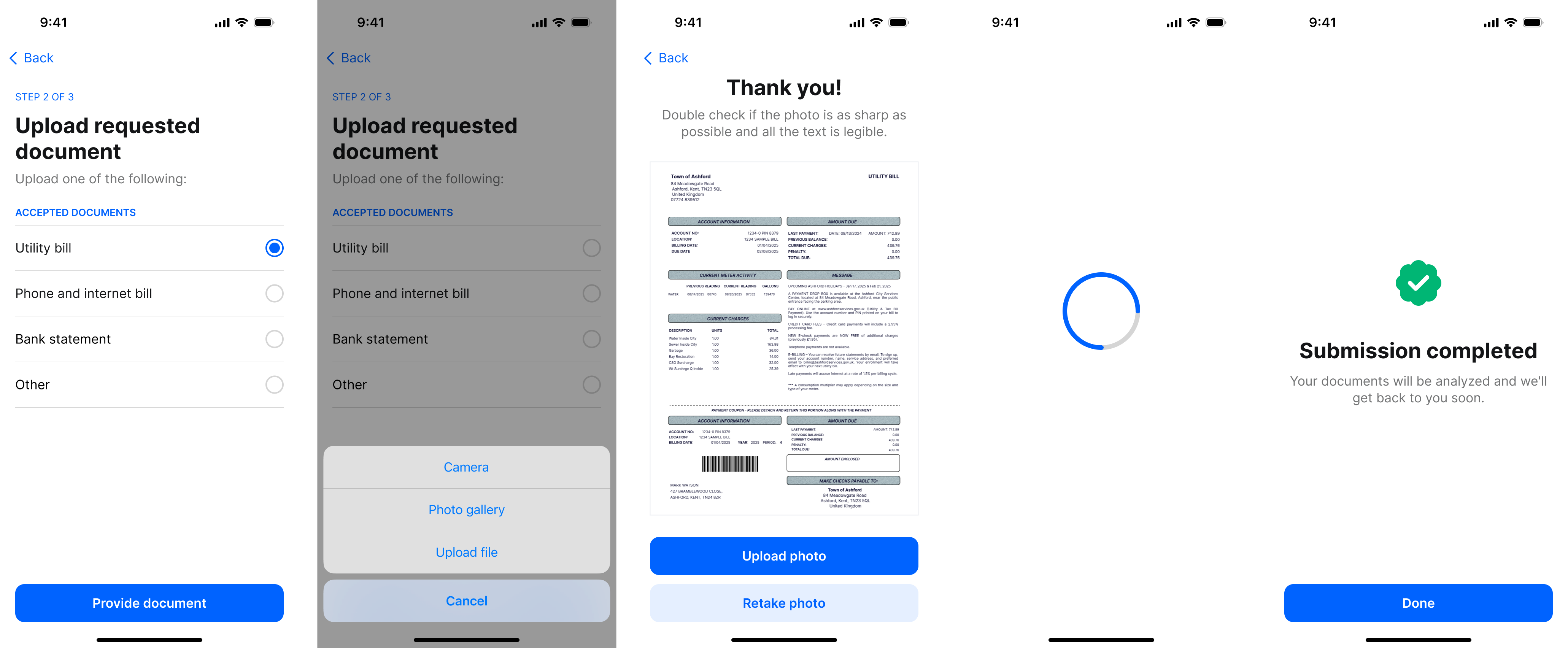 Mobile Evidence Collection flow: selecting a document type, choosing camera, gallery or file upload, previewing the captured utility bill, processing, and the submission completed screen