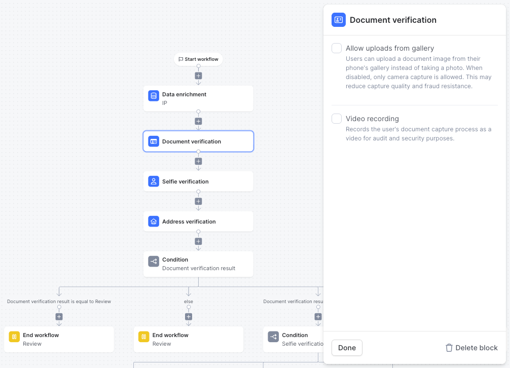 Workflow Editor with the Document verification node selected, showing its settings panel with the Allow uploads from gallery and Video recording checkboxes