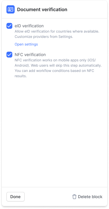 Document verification node settings panel with the eID verification and NFC verification checkboxes enabled